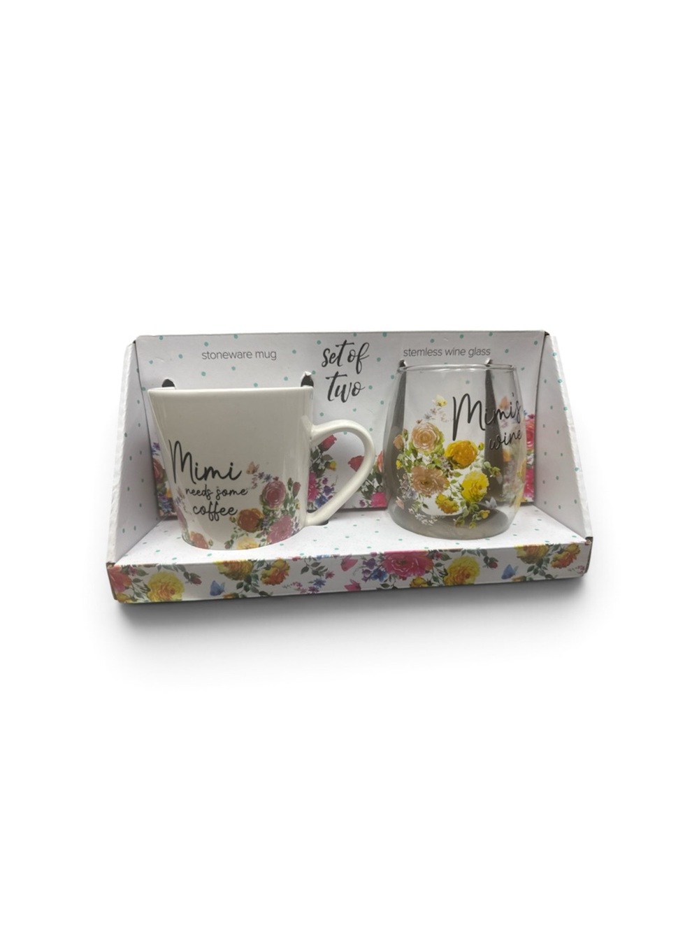 Mimi Floral Stoneware Mug & Stemless Wine Glass Set - White and Multicolor